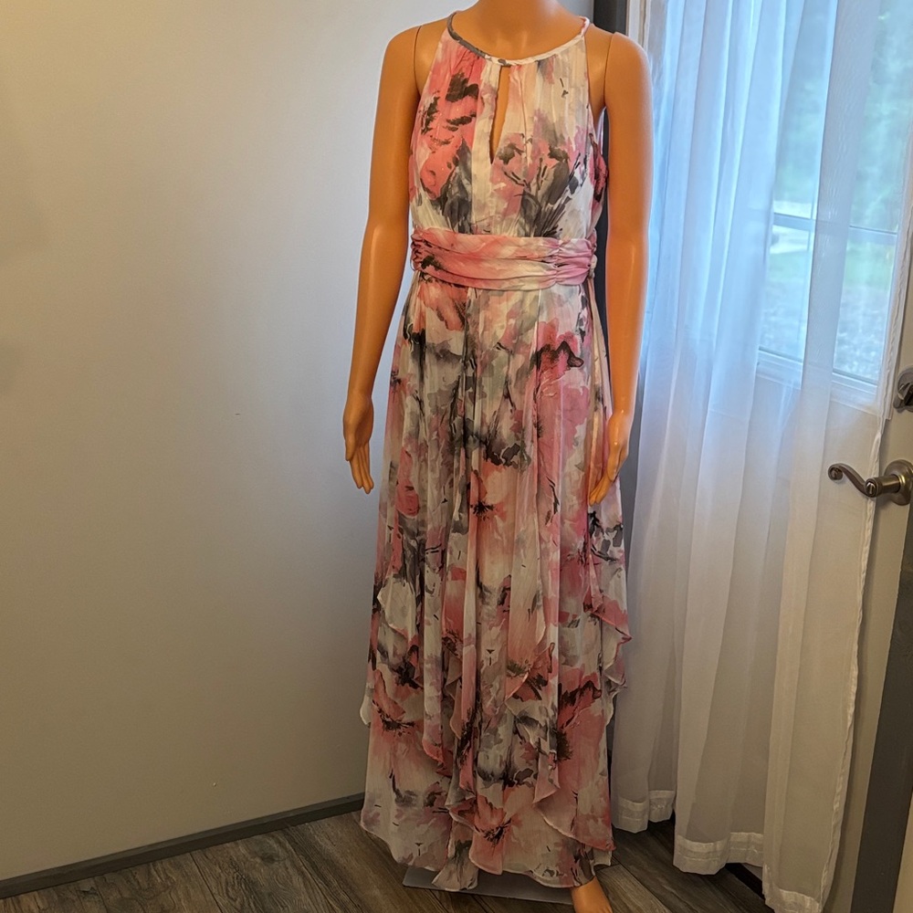 R&M Richards Pink and Gray Floral Maxi Dress, Halter Floral Chiffon